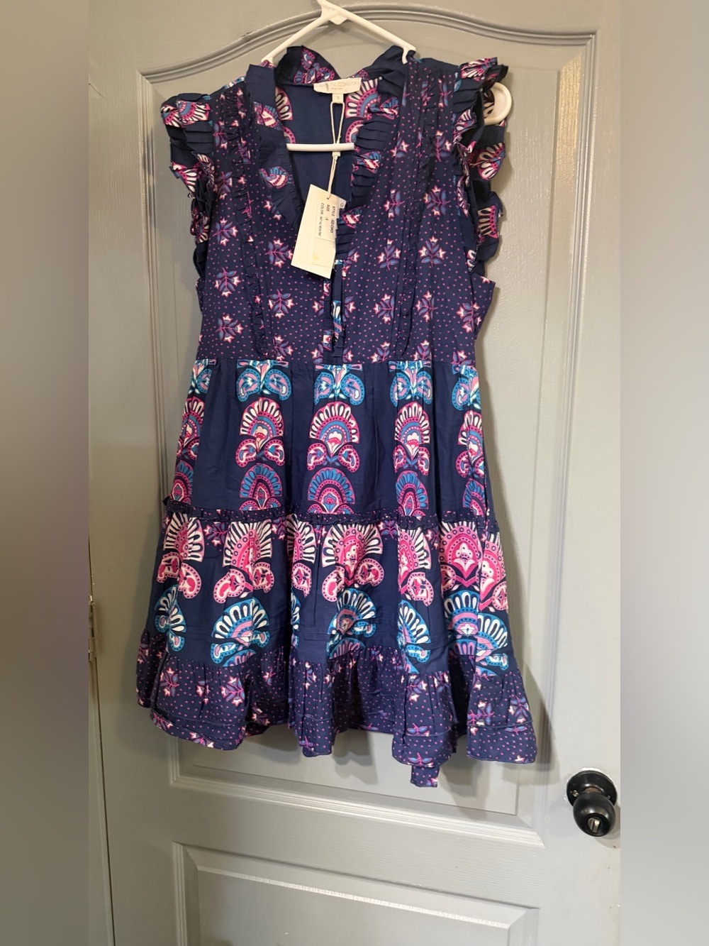 Caroline Constas Navy Dress with Pink & Teal Motif